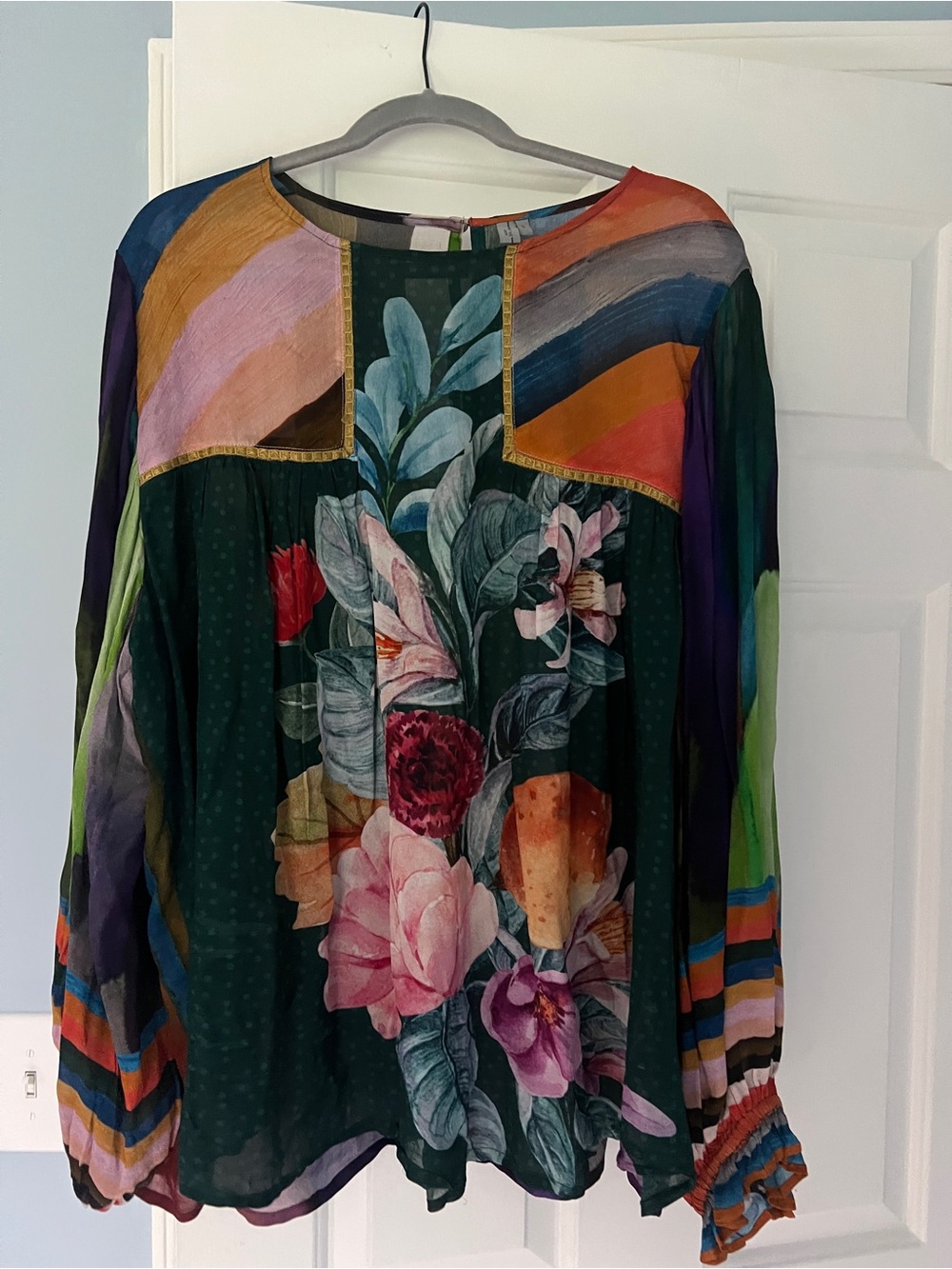 Anthropologie Boho Floral Long-Sleeve Blouse - Dark Green Multi